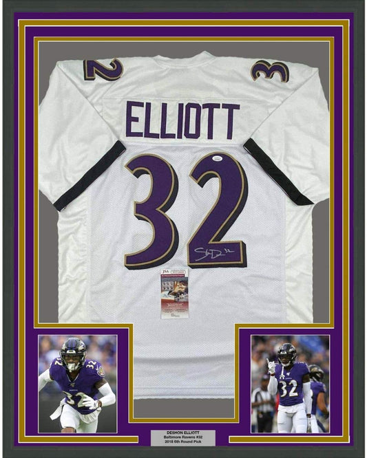 Framed Autographed/Signed DeShon Elliott 35x39 Baltimore White Football Jersey JSA COA