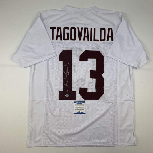 Autographed/Signed Tua Tagovailoa Alabama White College Football Jersey Beckett BAS COA