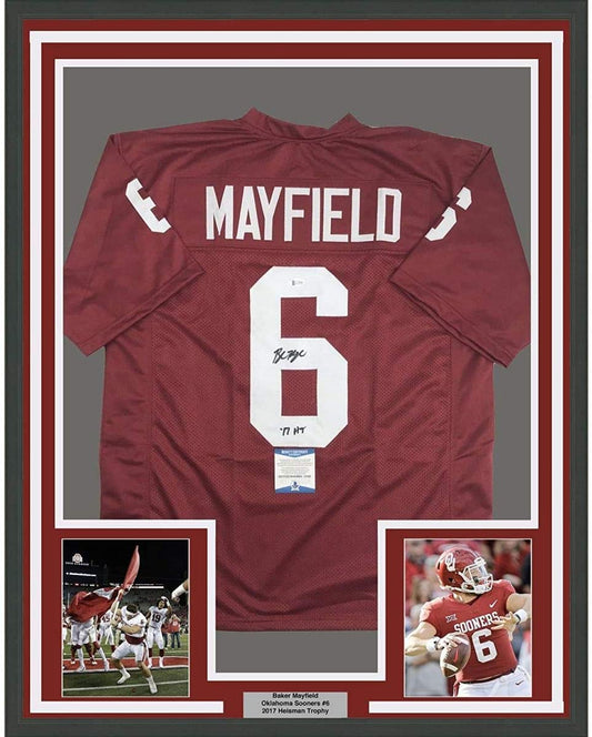 Framed Autographed/Signed Baker Mayfield 17 HT  35x39 Oklahoma Sooners Crimson Red College Football Jersey JSA COA