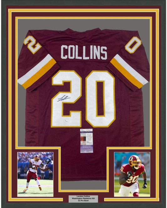 Framed Autographed/Signed Landon Collins 35x39 Washington Burgundy Football Jersey JSA COA