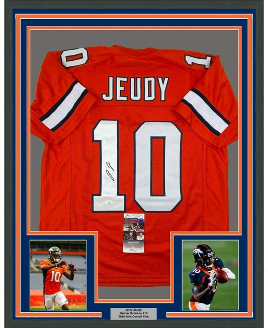 Framed Autographed/Signed Jerry Jeudy 35x39 Denver Retro Orange Football Jersey JSA COA