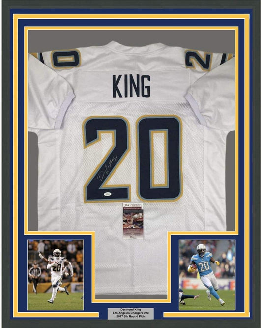 Framed Autographed/Signed Desmond King 35x39 Los Angeles LA White Football Jersey JSA COA