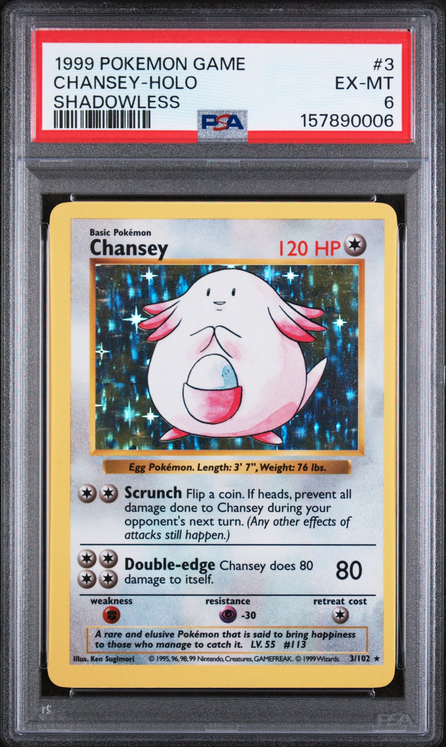 1999 Pokemon Game Shadowless Chansey-Holo 6 PSA #3