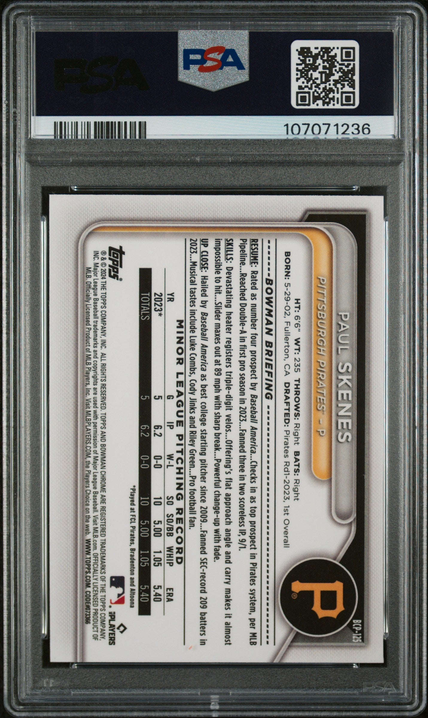 2024 Bowman Mega Box Chrome Prospects Paul Skenes 10 PSA #125
