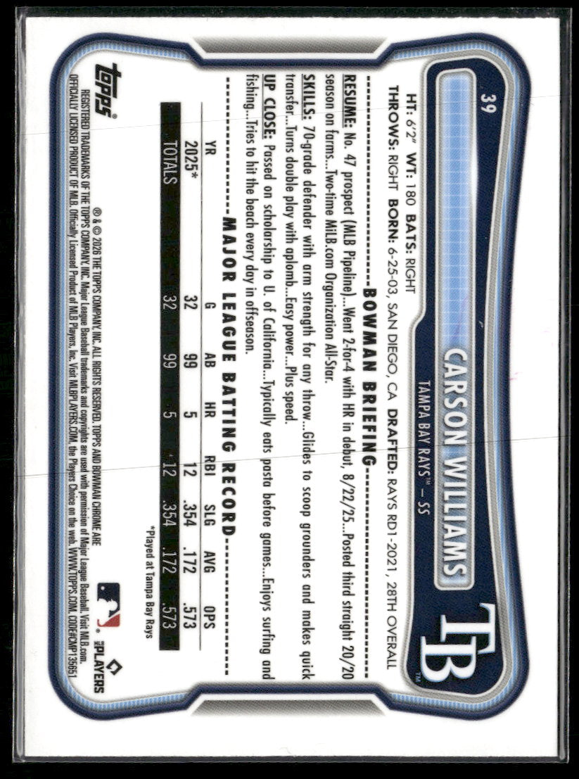 2026 Bowman Chrome Mojo Green Refractors Carson Williams RC #/99 #39