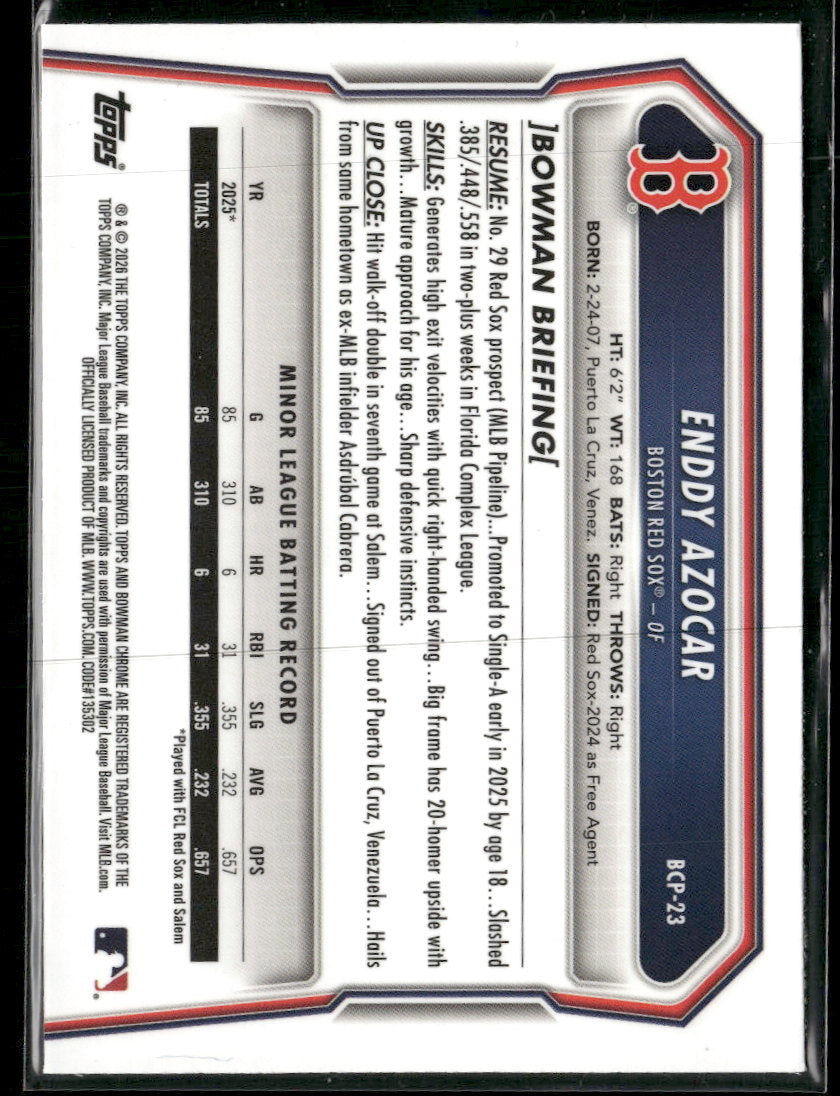 2026 Bowman Chrome Prospects Green Shimmer Refractor Enddy Azocar #/99 #BCP-23