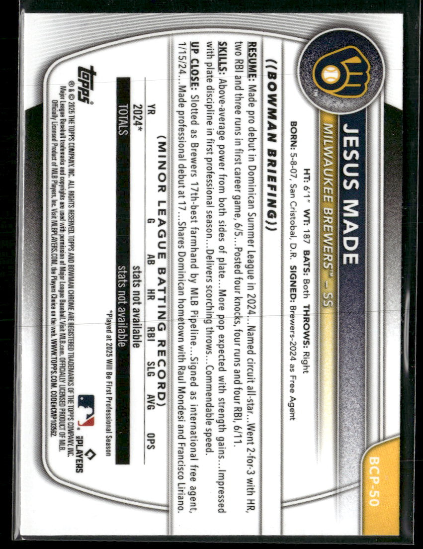 2025 Bowman Chrome Prospects Mojo Refractor Jesus Made #BCP-50