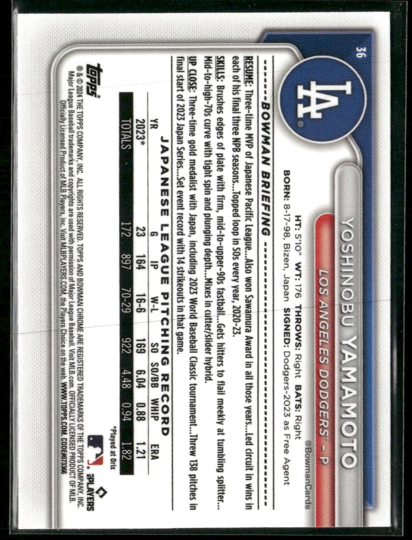 2024 Bowman Chrome Mojo Refractors Yoshinobu Yamamoto #36