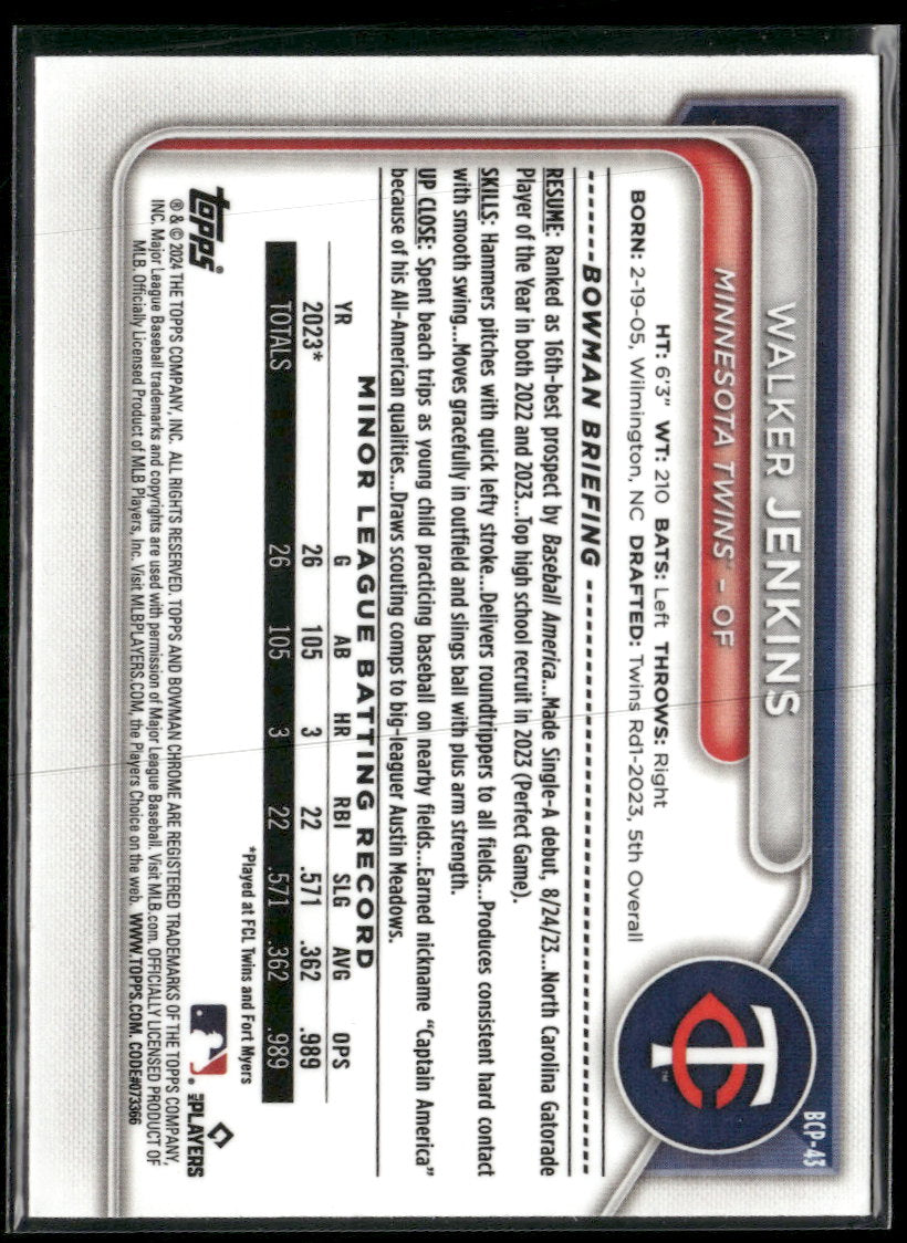2024 Bowman Chrome Prospects Mojo Refractors Walker Jenkins #BCP-43