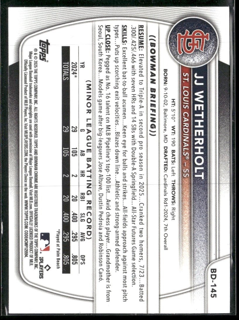 2025 Bowman Draft Sky Blue Border JJ Wetherholt #/499 #BD-145
