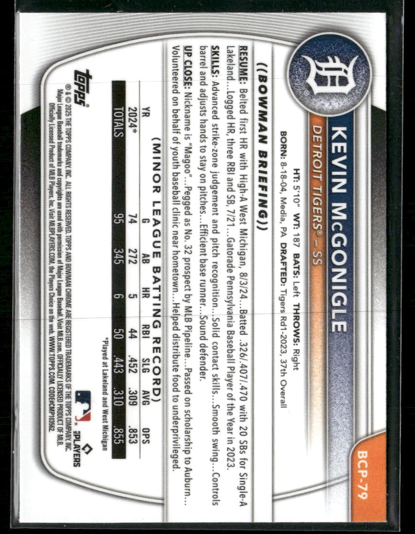 2025 Bowman Chrome Prospects Mojo Refractor Kevin McGonigle #BCP-79
