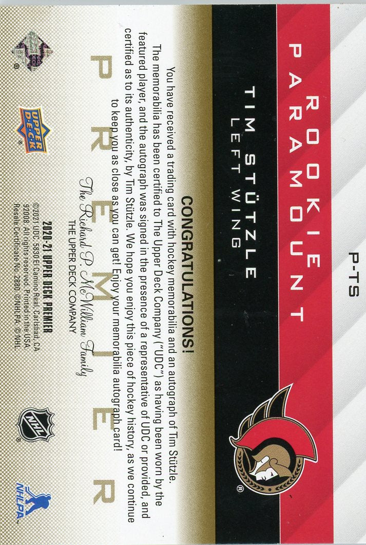 2020-21 Upper Deck Premier Rookie Paramount Auto Patch Tim Stutzle #/49 AU #P-TS