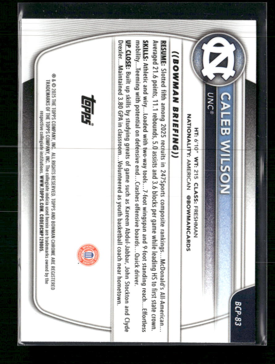 2025-26 Bowman Chrome Prospects Blue Refractor Caleb Wilson #/150 #BCP-83