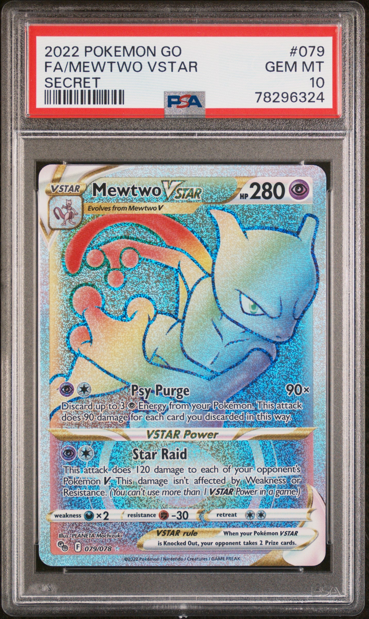 2022 Pokemon Go Secret Fa/Mewtwo Vstar 10 PSA #079
