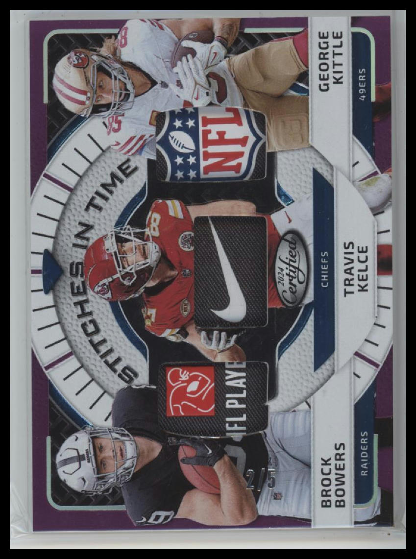 2024 Panini Stitches in Time Purple Etch Bowers, Kelce, Kittle #/5 #SITT-TE