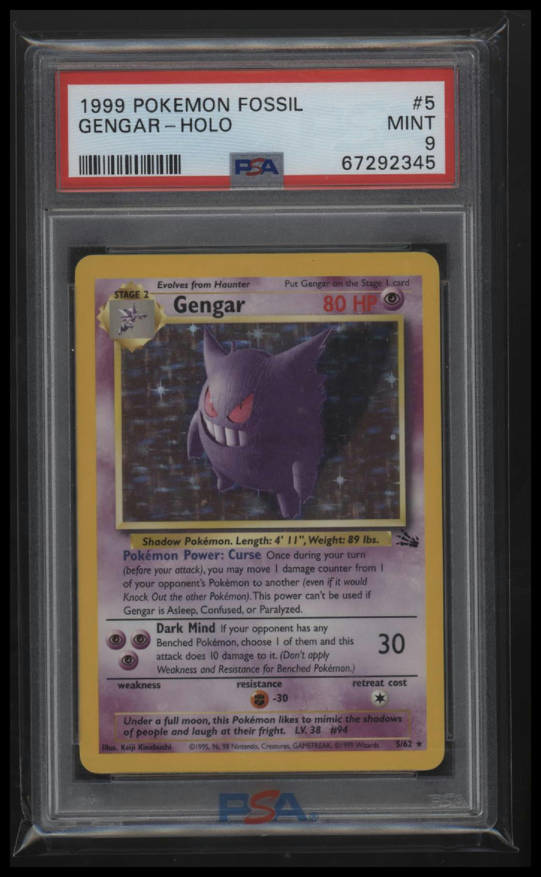 1999 Pokemon Fossil Gengar-Holo 9 PSA #5