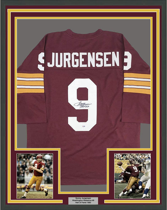 Framed Autographed/Signed Sonny Jurgensen HOF 83 35x39 Washington Burgundy Football Jersey PSA/DNA COA