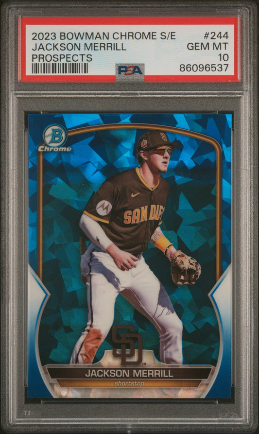Graded 2023 Topps Bowman Chrome S/E Jackson Merrill #244 Prospects Rookie RC Baseball Card PSA 10 Gem Mint