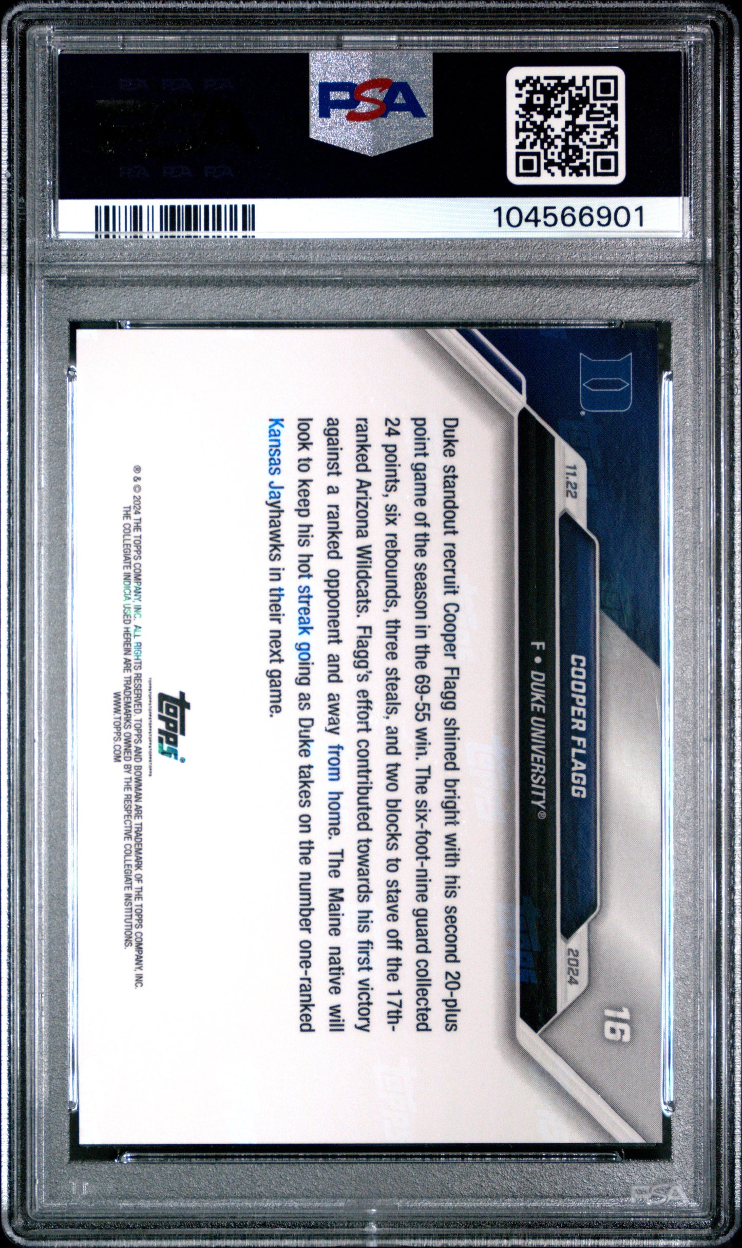 Graded 2024 Topps Bowman U Now Cooper Flagg #16 Rookie RC Basketball Card PSA 9 Mint