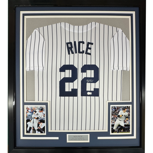 Framed Autographed/Signed Ben Rice 35x39 New York Pinstripe Baseball Jersey JSA COA