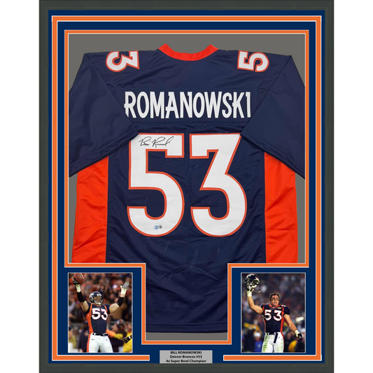 Framed Autographed/Signed Bill Romanowski 35x39 Denver Blue Football Jersey Beckett BAS COA