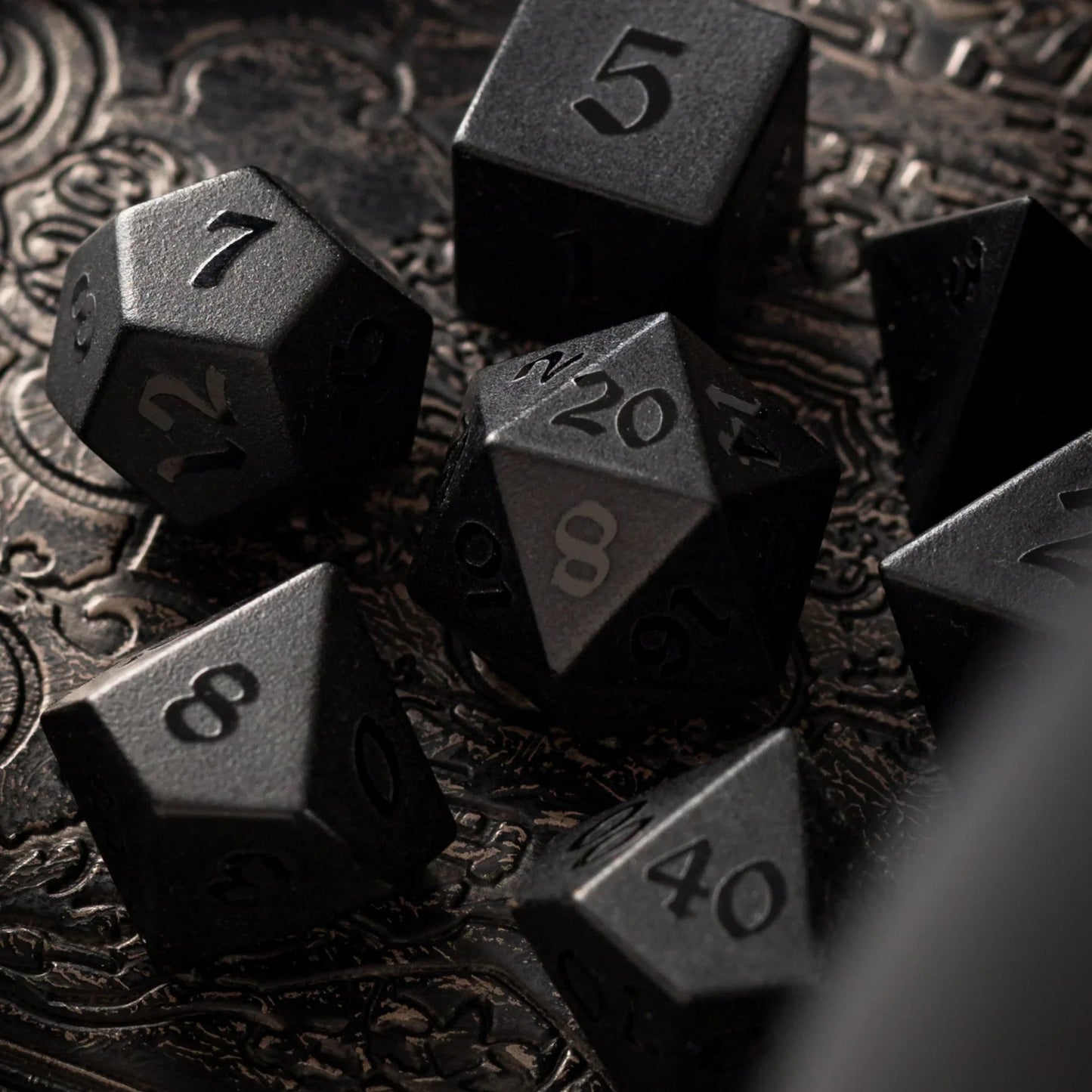 Gemstone Black Night Raised Obsidian Hand Carved DND Dice Set