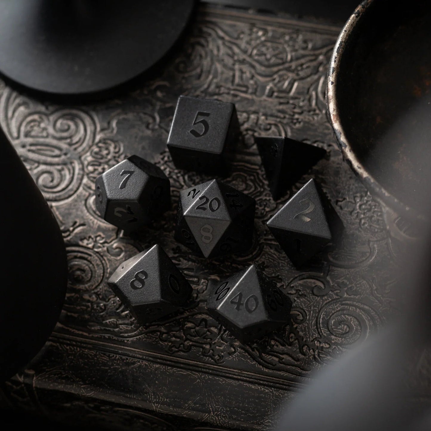 Gemstone Black Night Raised Obsidian Hand Carved DND Dice Set