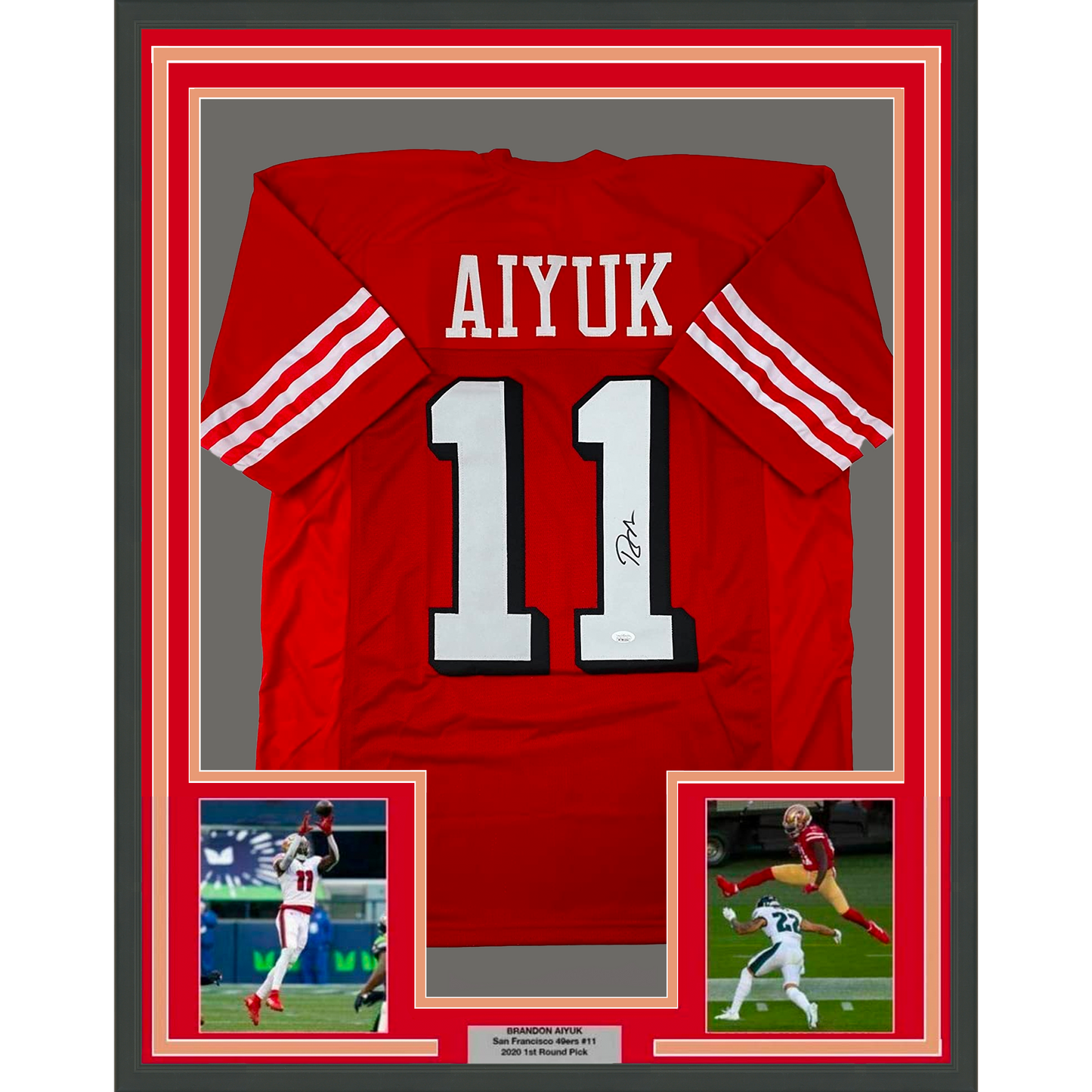 Framed Autographed/Signed Brandon Aiyuk 35x39 San Francisco Alternate Red Football Jersey JSA COA