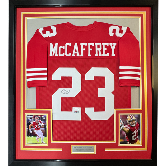 Framed Autographed/Signed Christian McCaffrey 35x39 San Francisco Red Football Jersey Beckett BAS COA