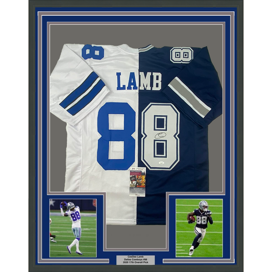 Framed Autographed/Signed CeeDee Lamb 35x39 Dallas Split White/Blue Football Jersey JSA COA