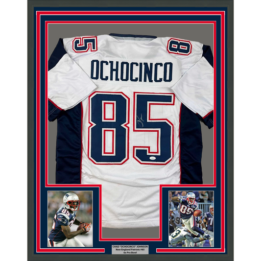 Framed Autographed/Signed Chad Ochocinco (Johnson) 35x39 New England White Football Jersey JSA COA