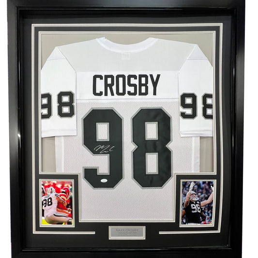 Framed Autographed/Signed Maxx Crosby 35x39 Las Vegas Oakland White Football Jersey Beckett BAS COA