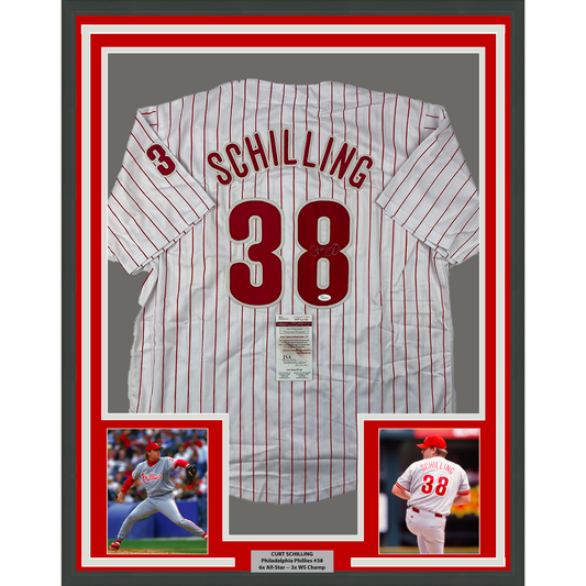 Framed Autographed/Signed Curt Schilling 35x39 Philadelphia Pinstripe Baseball Jersey JSA COA