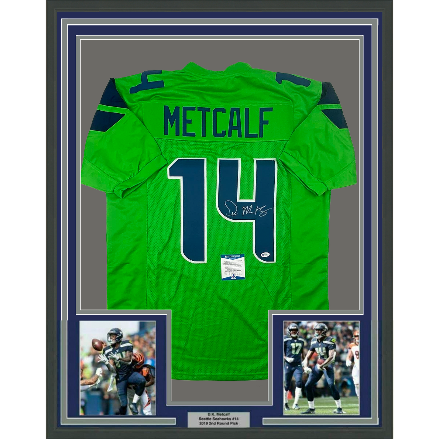 Framed Autographed/Signed DK D.K. Metcalf 35x39 Seattle Green Football Jersey Beckett BAS COA