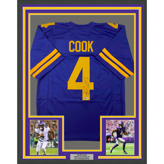 Framed Autographed/Signed Dalvin Cook #4 35x39 Minnesota Color Rush Purple Football Jersey Beckett BAS COA