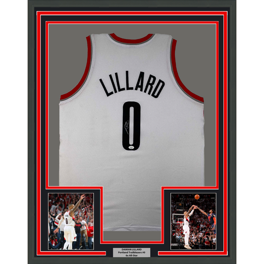Framed Autographed/Signed Damian Lillard 35x39 Portland White Basketball Jersey JSA COA