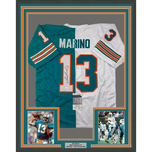 Framed Autographed/Signed Dan Marino 35x39 Miami Split Teal/White Football Jersey JSA COA