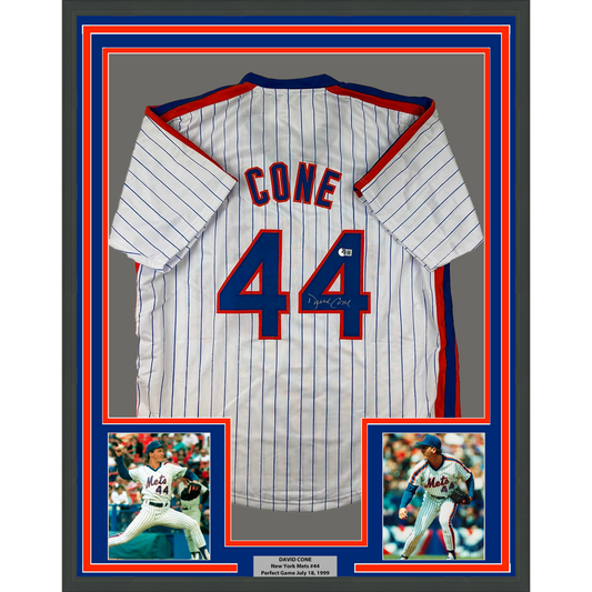 Framed Autographed/Signed David Cone 35x39 New York Pinstripe Baseball Jersey Beckett BAS COA