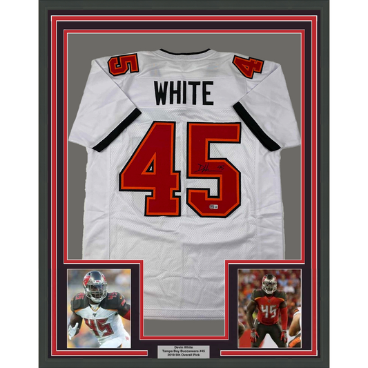 Framed Autographed/Signed Devin White 35x39 Tampa Bay White Football Jersey Beckett BAS COA