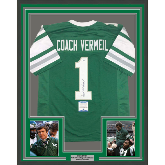 Framed Autographed/Signed Dick Vermeil 35x39 Philadelphia Green Football Jersey JSA COA