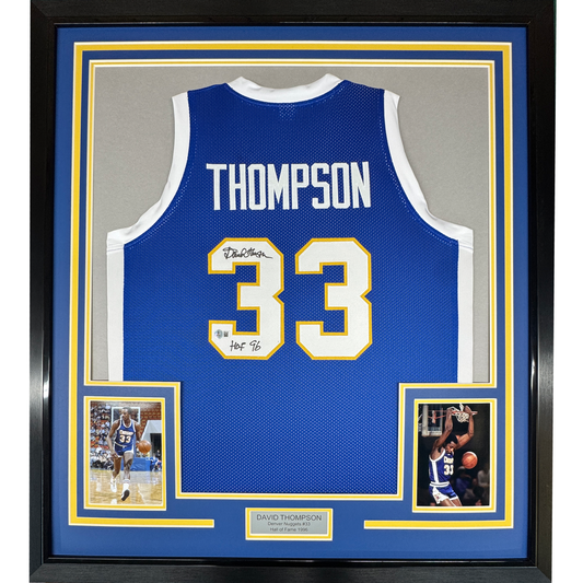 Framed Autographed/Signed David Thompson 35x39 HOF 96 Denver Blue Retro Rainbow Basketball Jersey Beckett BAS COA