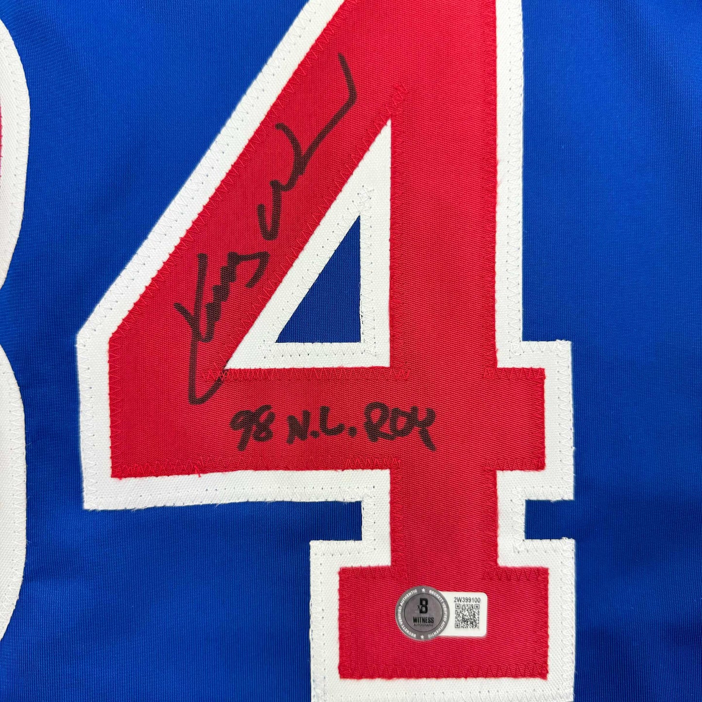 Framed Autographed/Signed Kerry Wood 98 ROY 35x39 Chicago Blue Baseball Jersey Beckett BAS COA