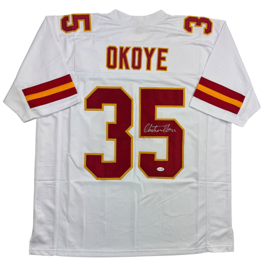 Autographed/Signed Christian Okoye Kansas City White Football Jersey JSA COA