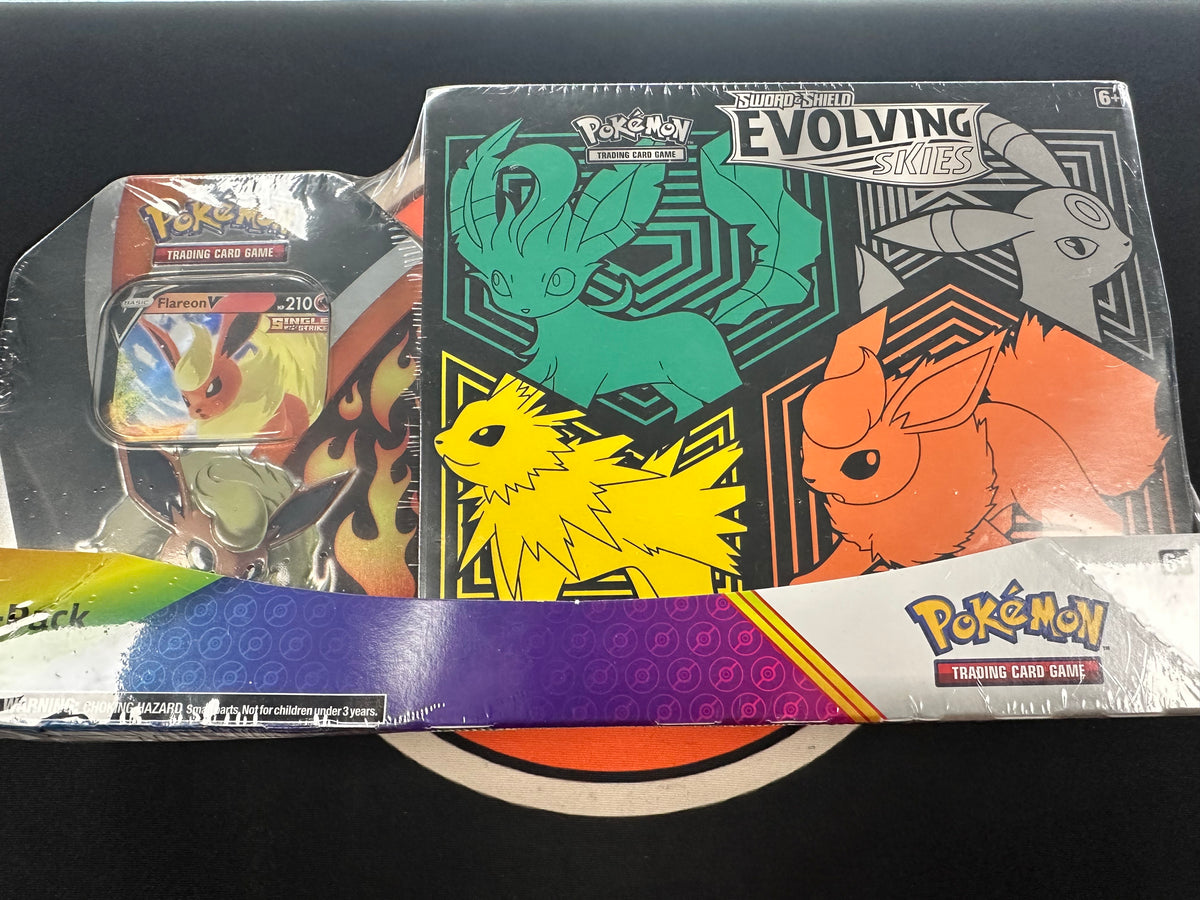 Evolving Skies Elite Trainer Box (Flareon) + Window Tin (Flareon)