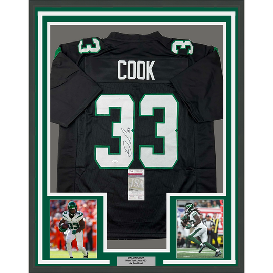 Framed Autographed/Signed Dalvin Cook 35x39 New York Black Football Jersey JSA COA