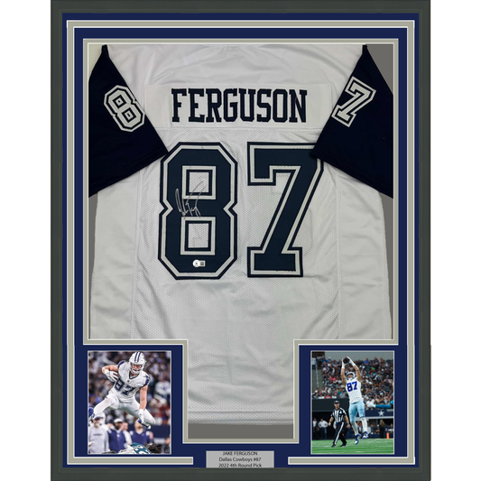 Framed Autographed/Signed Jake Ferguson 35x39 Dallas White Color Rush Football Jersey Beckett BAS COA