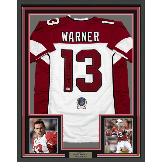 Framed Autographed/Signed Kurt Warner 35x39 Arizona White Football Jersey Beckett BAS COA