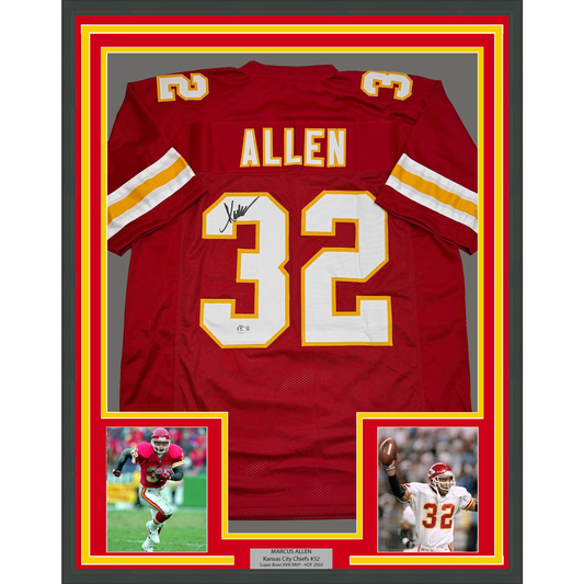Framed Autographed/Signed Marcus Allen 35x39 Kansas City Red Football Jersey Beckett BAS COA
