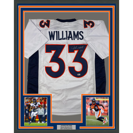 Framed Autographed/Signed Javonte Williams 35x39 Denver White Football Jersey Beckett BAS COA