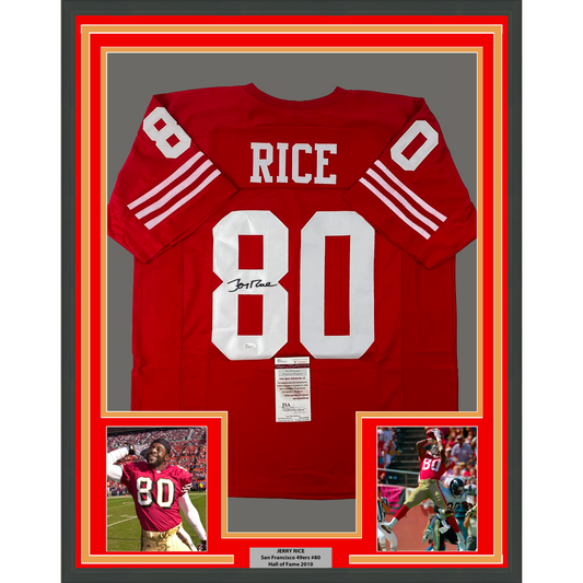 Framed Autographed/Signed Jerry Rice 35x39 San Francisco Red Football Jersey JSA COA